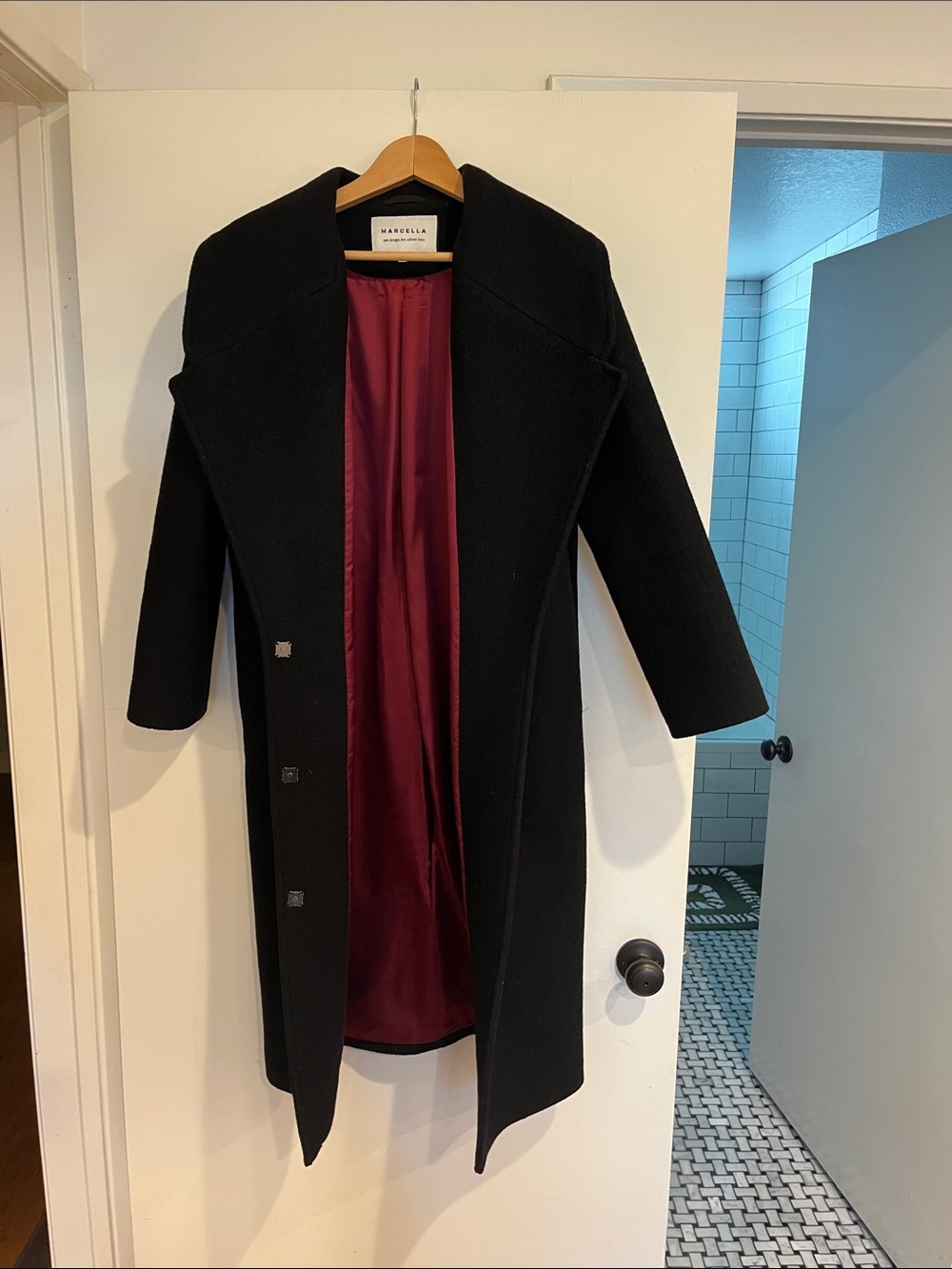 MARELLA Black Cocoon Coat with Burgundy Lining